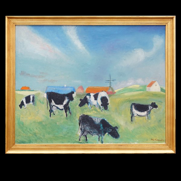 Jens Søndergaard maleri. Jens Søndergaard, 1895-1957, olie på lærred. "Landskab med sortbrogede Køer". Signeret og dateret 1946. Lysmål: 109x134cm. Med ramme: 126x151cm