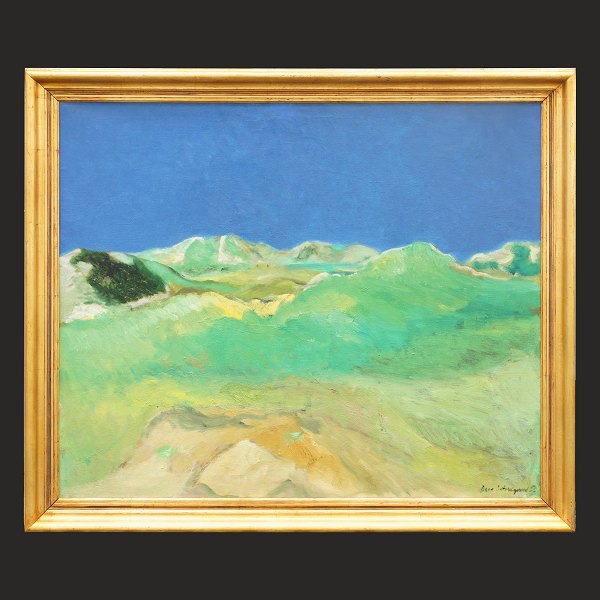 Jens Søndergaard maleri. Jens søndegaard, 1895-1957, olie på lærred. Betitlet, signeret og dateret på bagside: "Klitlandskab, Stenbjerg, Jens Søndergaard, 1955". Lysmål: 83x99cm. Med ramme: 96x112cm