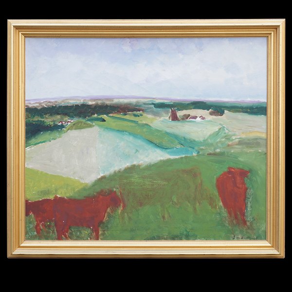 Jens Søndergaard, 1895-1957, oil on canvas. Signed. Landscape with cows. Visible size: 80x94cm. With frame: 95x109cm