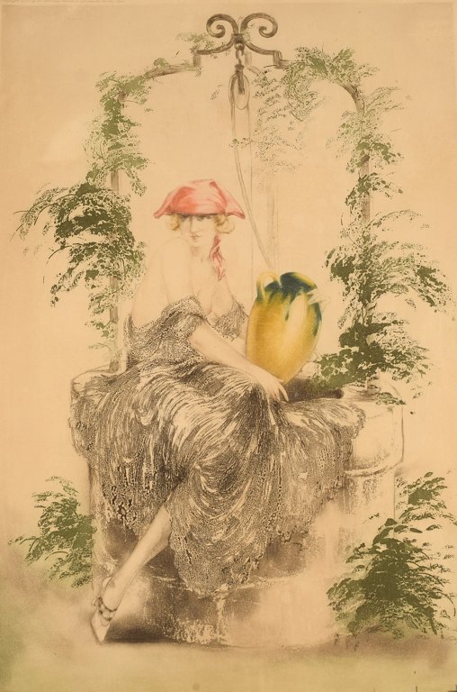 Louis Icart (1888-1950). Etching on paper. "Wishing Well". Dated 1925.