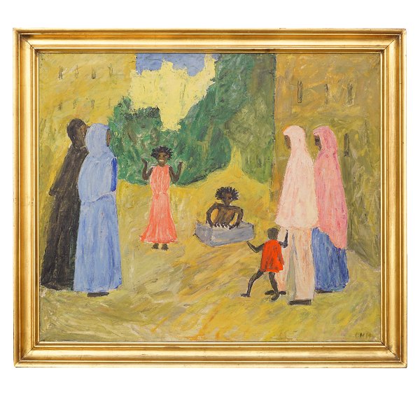 Olivia Holm-Møller, 1875-1970, olie på lærred. Byparti med kvinder og børn. Signeret. Lysmål: 67x78cm. Med ramme: 79x90cm