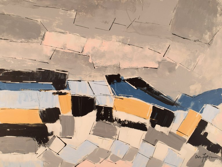 Ove Jepsen (b. 1934), listed Danish artist. Acrylic on canvas. Abstract landscape. Late 20th century.