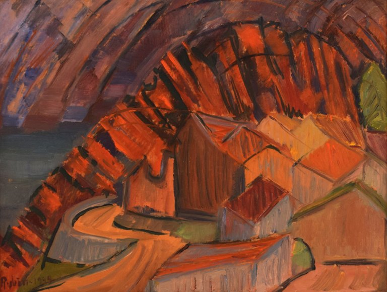 Sven Rybin (1914 - 2012), svensk kunstner. Olie på plade. Modernistisk landskab. Dateret 1949.