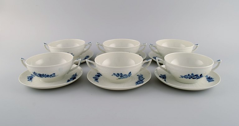 Six Royal Copenhagen Blue Flower bouillon cups with saucers. Early 20th century.