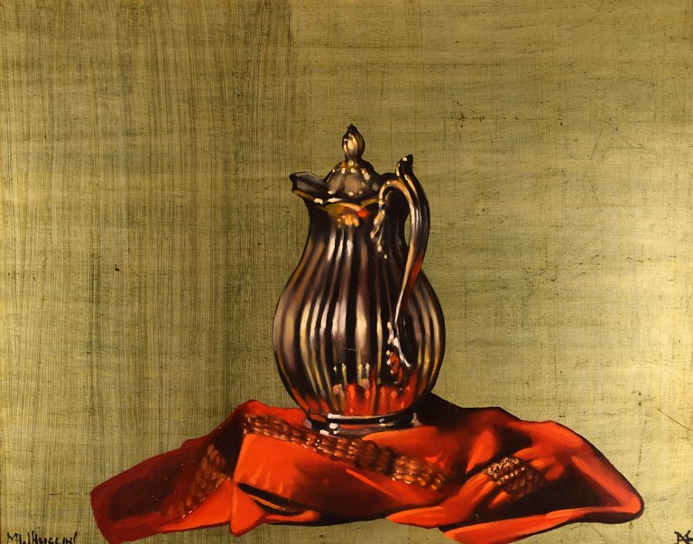 Matt W. Huggins, American artist. Oil on board. "Silver pitcher on red cloth". 1980s.