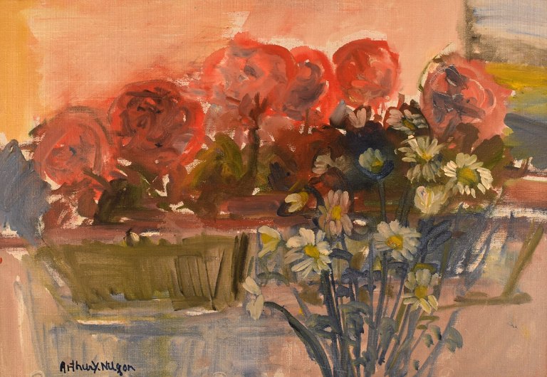 Arthur Y. Nilsson (b. 1923), listed Swedish artist. Oil on canvas. Arrangement with flowers. Mid-20th century.