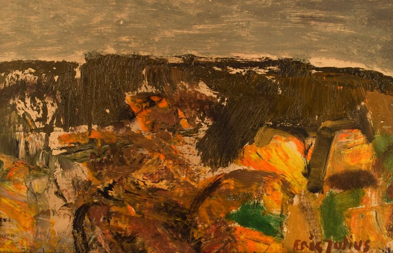 Eric Julius (1920-1995), listed Swedish artist. Oil on board. Modernist landscape. Dated 1969.