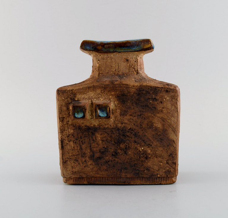 Curt M. Addin (1931-2007) for Glumslöv. Vase i delvist glaseret stentøj. Smuk spættet glasur i blågrønne nuancer. Svensk design, 1960/70