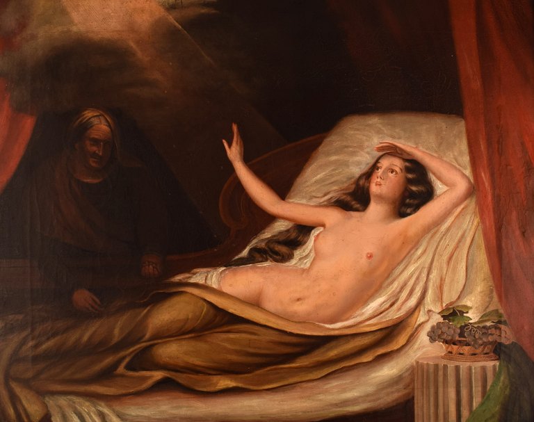 Ubekendt kunstner. Olie på lærred. Nøgen kvinde på seng. 1800-tallet.