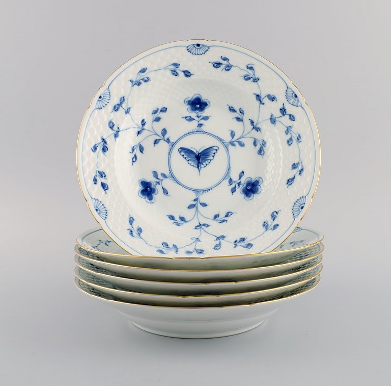 Six Bing & Grøndahl Butterfly deep plates in hand-painted porcelain with gold rim. Model number 23. Mid 20th century.