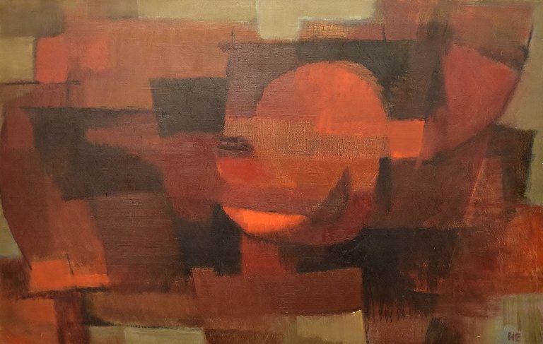 Helge Ernst (1916-1991), dansk kunstner. Stort maleri. Olie på lærred. Abstrakt komposition. 1970