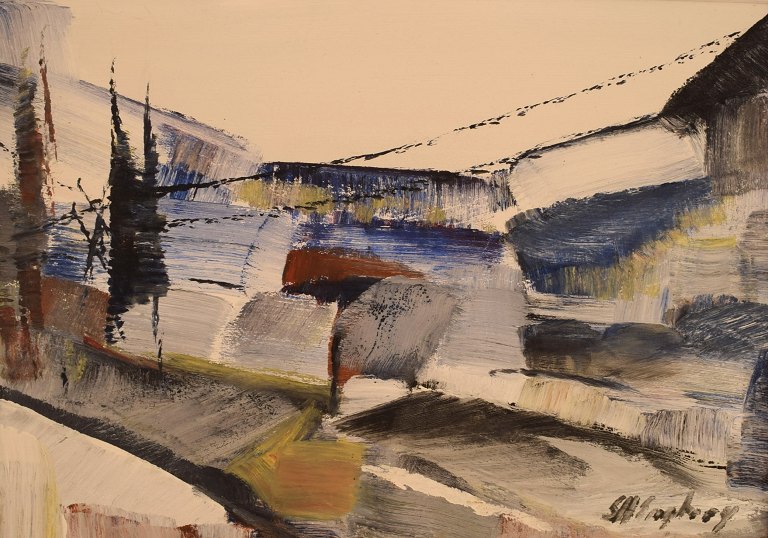Sven H. Engberg, listed Swedish artist. Oil on canvas. Modernist landscape. Dated 1963.