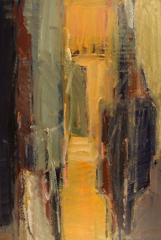 Ubekendt kunstner. Olie på plade. Abstrakt komposition. Dateret 1999.