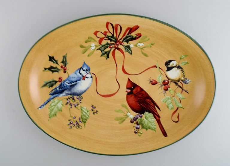 Catherine McClung for Lenox. "Winter greetings everyday". Large serving dish in glazed stoneware decorated with mistletoe and birds. Approx. 2000.