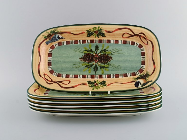 Catherine McClung for Lenox. "Winter greetings". Seks aflange fade i glaseret stentøj dekoreret med mistelten, grankogler og fugle. Ca. 2000.