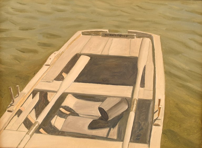 Kaj Bernstone (f. 1947), svensk kunstner. Olie på lærred. Jolle med årer. Sent 1900-tallet.