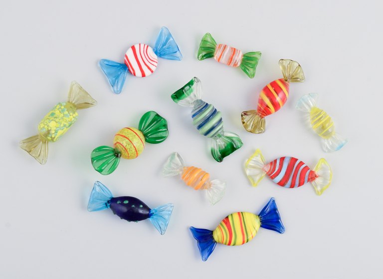 A collection of eleven pieces. Murano art glass, colorful, striped bonbons.Italy.1960s/70s.