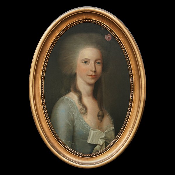 Circle of Jens Juel, portrait of Margaretha Løvenskjold, 1772-1808, oil on canvas on plate. Married to the later Danish primeminister count Frederik Moltke. Visible size: 62x40cm. With frame: 77x55cm