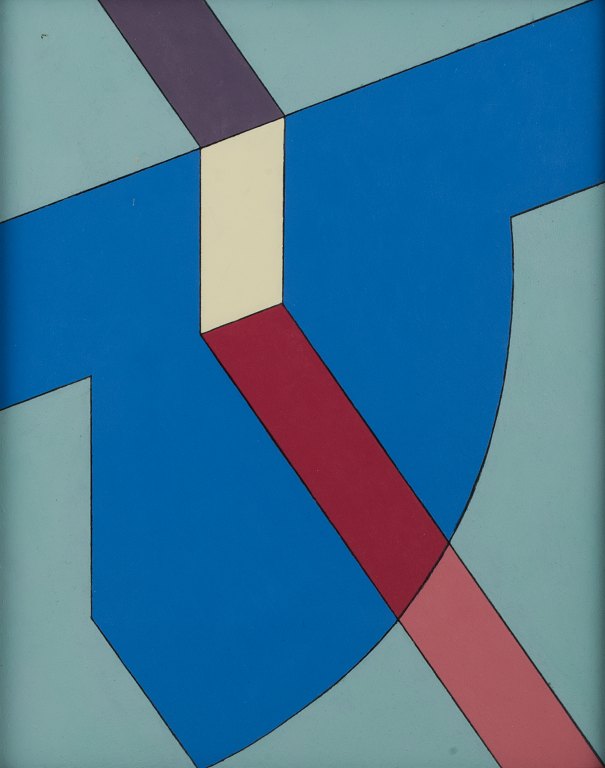 Kristin Rapp, svensk kunstner, olie på plade. Komposition med geometriske felter.
