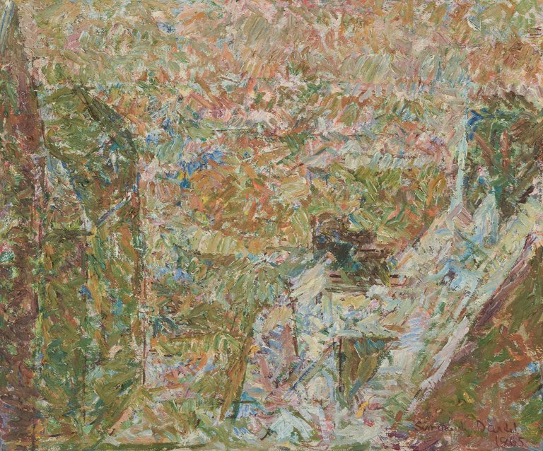 Simone De Dardel (1913-1996), svensk kunstner.Eksteriør med person. Ekspressionistisk stil.