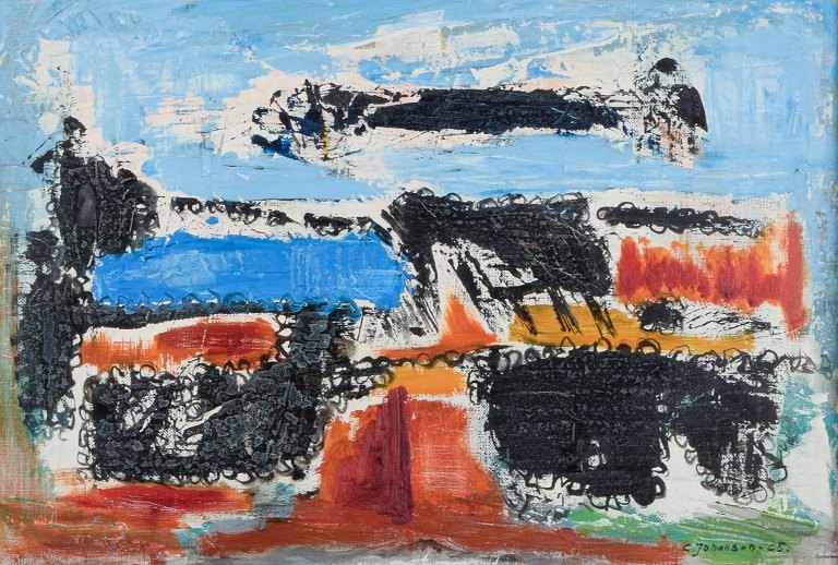 Carl Johansson (1906-1993), listed Swedish artist.Abstract composition.Oil on board.Signed and dated 1965.In perfect condition.Dimensions: 45.0 x 30.0 / Total 58.5 x 45.0 cm.
