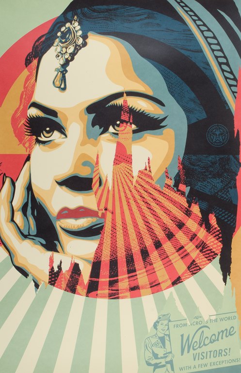 OBEY - Shepard Fairey (1970)."Welcome Visitors".Serigraphic printing in colors.