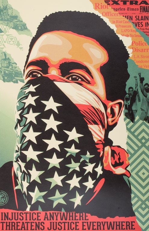 OBEY - Shepard Fairey (1970)."Injustice anywhere threatens Justice everywhere".Serigraphic printing in colors.