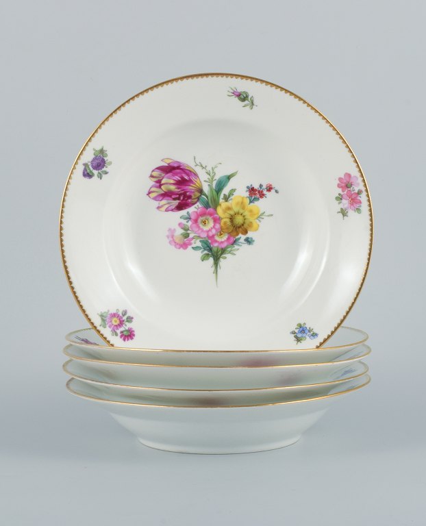 B&G, Bing & Grondahl Saxon flower.Five deep plates decorated with flowers and gold rim.