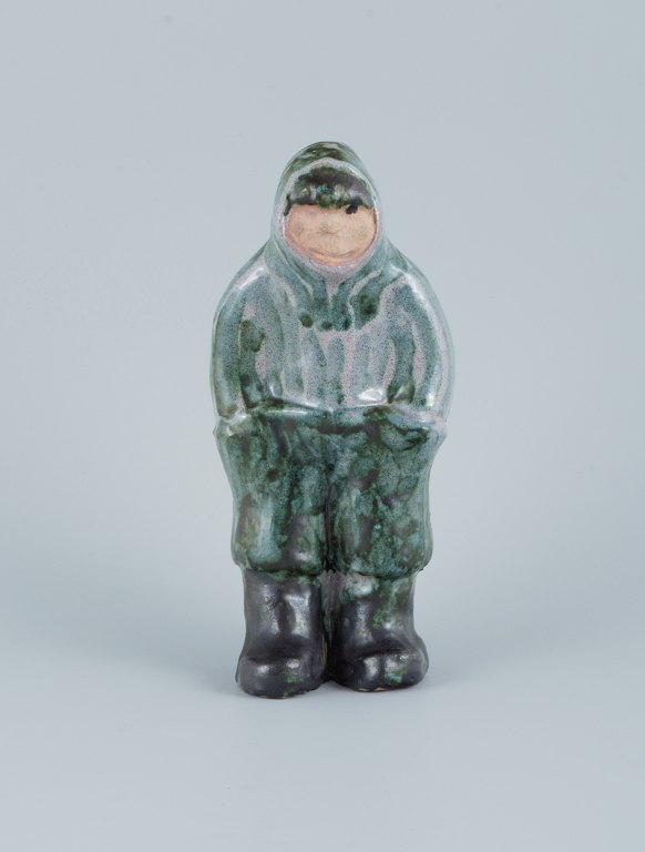 Greenlandica. Hand-painted unique stoneware figure, Inuit in traditional hunting clothes.