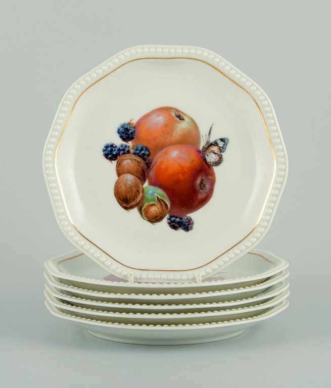 Rosenthal, Germany, six plates hand painted with fruits, butterflies and gold decoration.