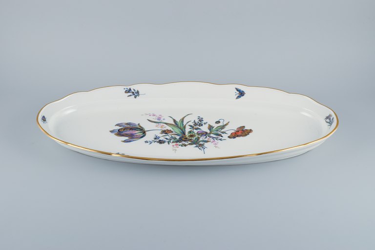 Meissen, Germany. Large fish platter, hand painted with flowers and insects and gold rim.