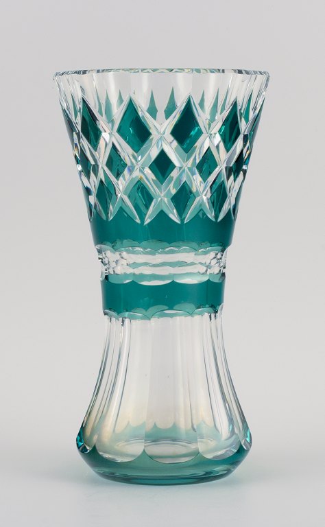 Val St. Lambert, Belgium, large handmade Art Deco crystal glass vase, faceted with green decoration.