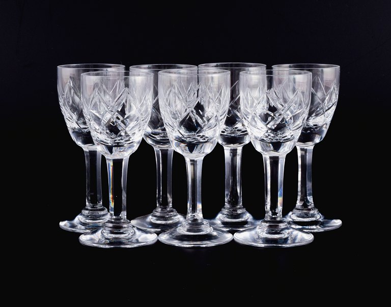 St. Louis, France, set of seven handmade crystal glass schnapps glasses.Faceted stem.
