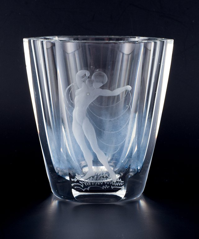 Lars Kjellander for Kosta, Sweden, art glass vase in clear glass with motif of nude woman.