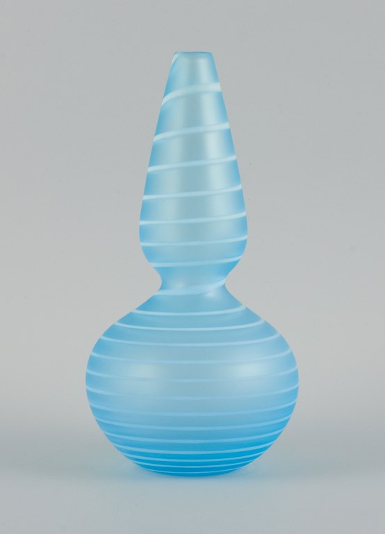 Trine Drivsholm, Danish contemporary glass artist.Unique hand-blown art glass vase in light blue with white stripes.