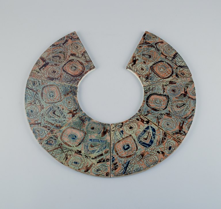 Royal Copenhagen, six Baca faience tiles with patterned glaze in brown, blue, green and sand colours.
