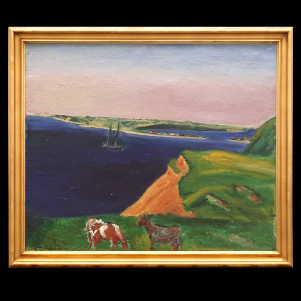 Jens Søndergaard maleri; Jens Søndergaard, 1895-1957, olie på lærred. Betitlet "Limfjordslandskab", signeret Jens Søndergaard og dateret 1936. Udsigt mod Oddesund. Lysmål: 83x100cm. Med ramme: 96x113