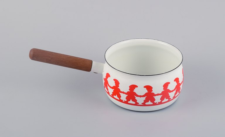 Kaj Franck, for Arabia, "Tonttu" enamelled metal saucepan with wooden handle, decorated with dancing gnomes.