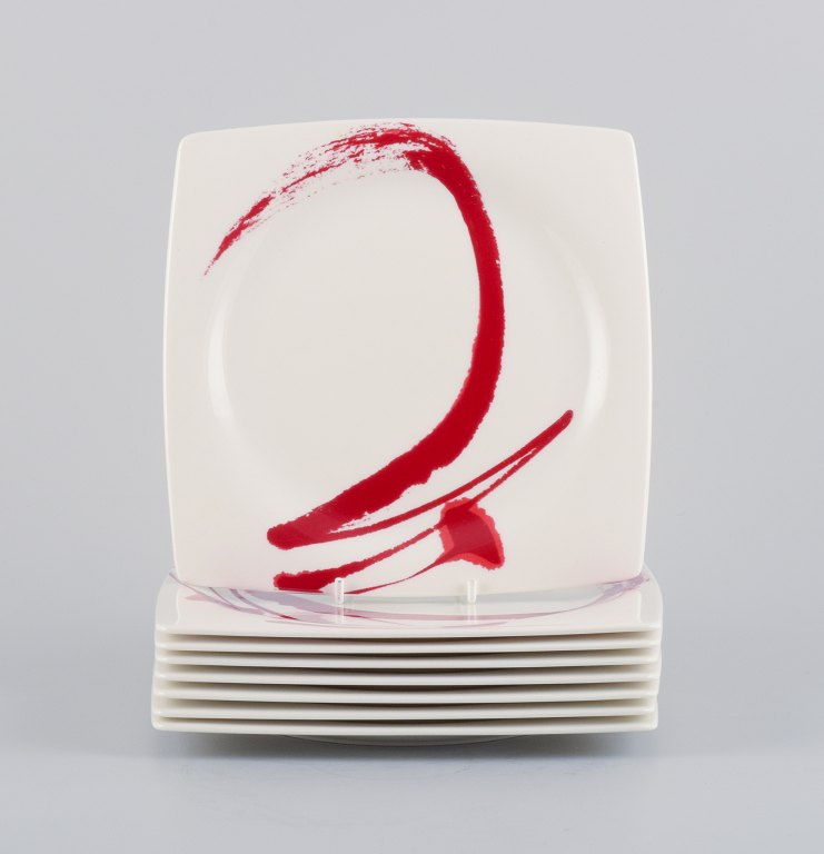 Paint It Red Collection - Red Vanilla, Royal Fine China, set of eight lunch plates in modern design with abstract motif.