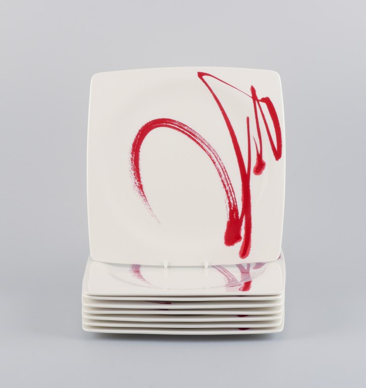 Paint It Red Collection - Red Vanilla, Royal Fine China, a set of eight dinner plates with modern design and abstract motif.
