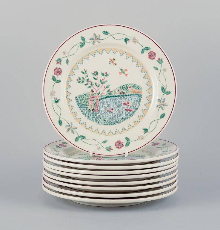 Villeroy & Boch, Luxembourg, a set of nine "American Sampler" porcelain plates decorated with landscape, ducks, fish, and sheeps.