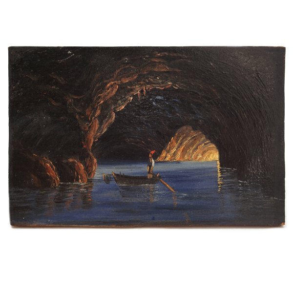 Ubekendt kunstner: Den Blå Grotte, Capri, malt med olie på træ. Mål: 7,3x11,2cm. Bagside betegnet "Sidste Juleaften 1862 xxxx Herlufsholm"