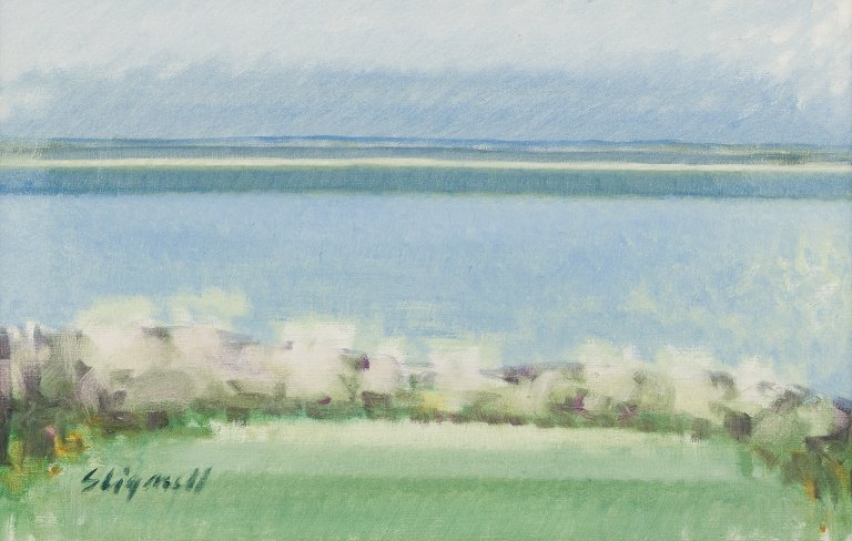 Sven Lignell (1920-1985), svensk kunstner (f. 1927), olie på lærred, modernistisk landskab.