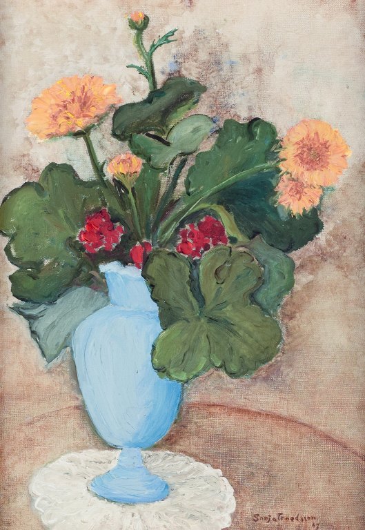 Sonja Troedsson, listed Swedish artist. Oil on canvas. Modernist floral still life.Titled "I mormors vas" (In grandma