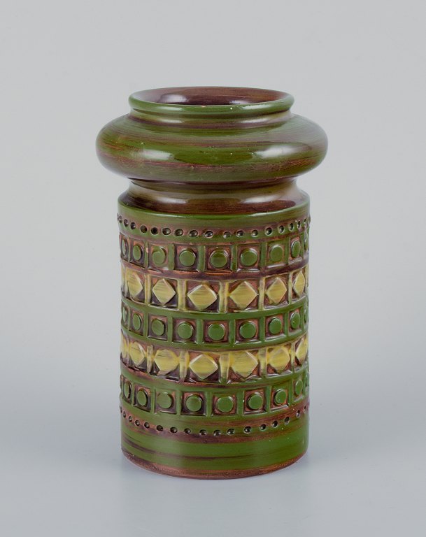 Bitossi, Italy, ceramic vase with geometric pattern and glaze in green, brown, and yellow tones.