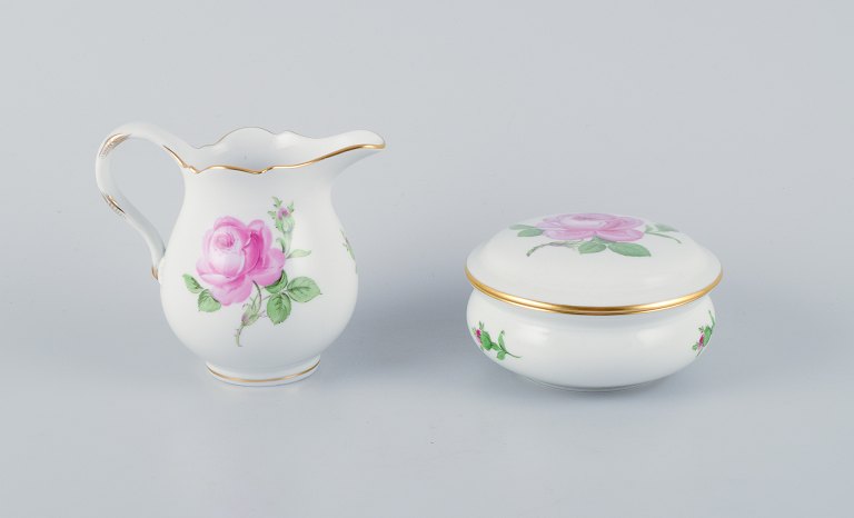 Meissen, "Pink Rose" porcelain sugar bowl and creamer hand-painted with pink roses.
