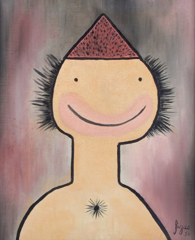 French artist, oil on canvas. Humorous portrait in figurative naïve style.Approximately from the 1970s.