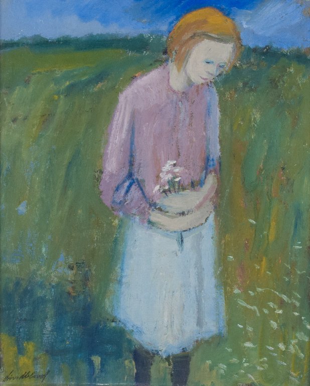Pär Lindblad, listed Swedish artist, oil on board, modernist landscape with girl in flower field. Melancholic atmosphere.
