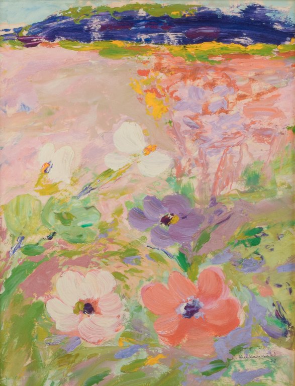 Kerttu Kuikanmäki (born 1928), Finnish artist, oil on board, flowers in a summer landscape.