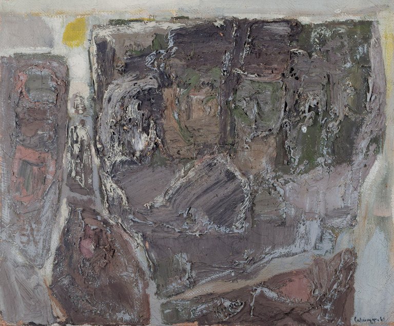 Gösta Calmeyer, Swedish artist, oil on canvas, abstract composition in gray and yellow.